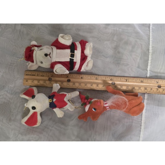 Vtg MCM Flocked Felt Christmas Ornaments Lot 3 Santa Bear Mouse Reindeer Holiday - Picture 5 of 5